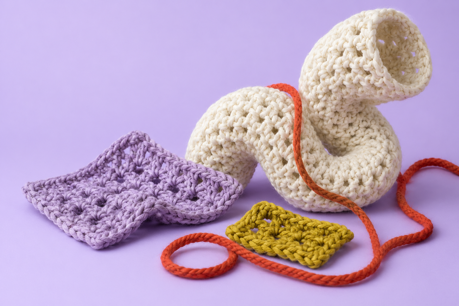 A sculptural cream crochet tube, lavender and mustard swatches, and a looping red yarn strand